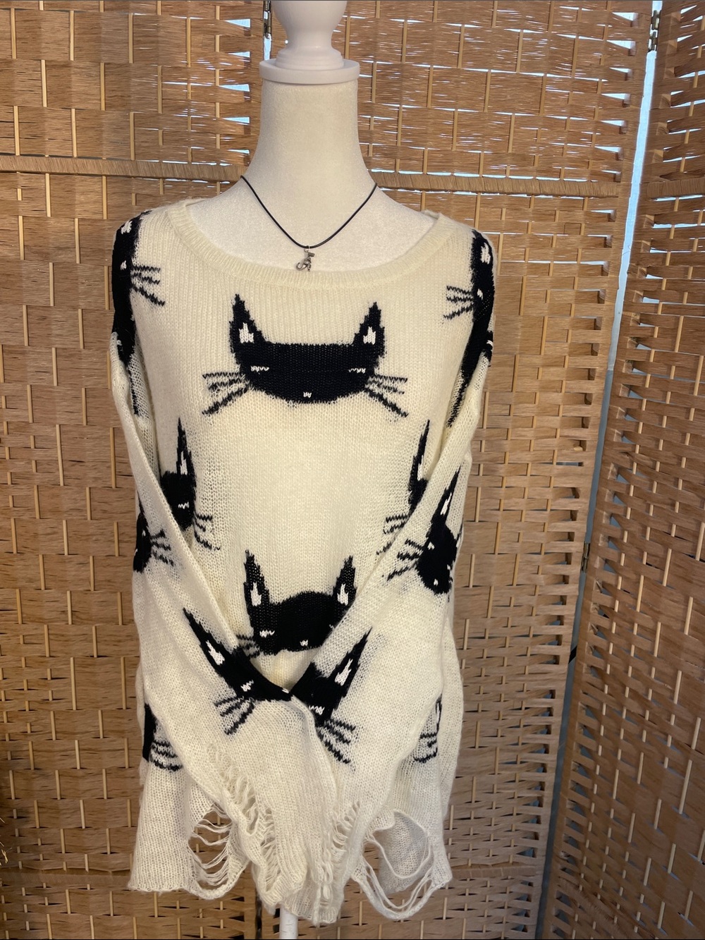 Wildfox Cream Semi Sheer Sweater with Black Cats